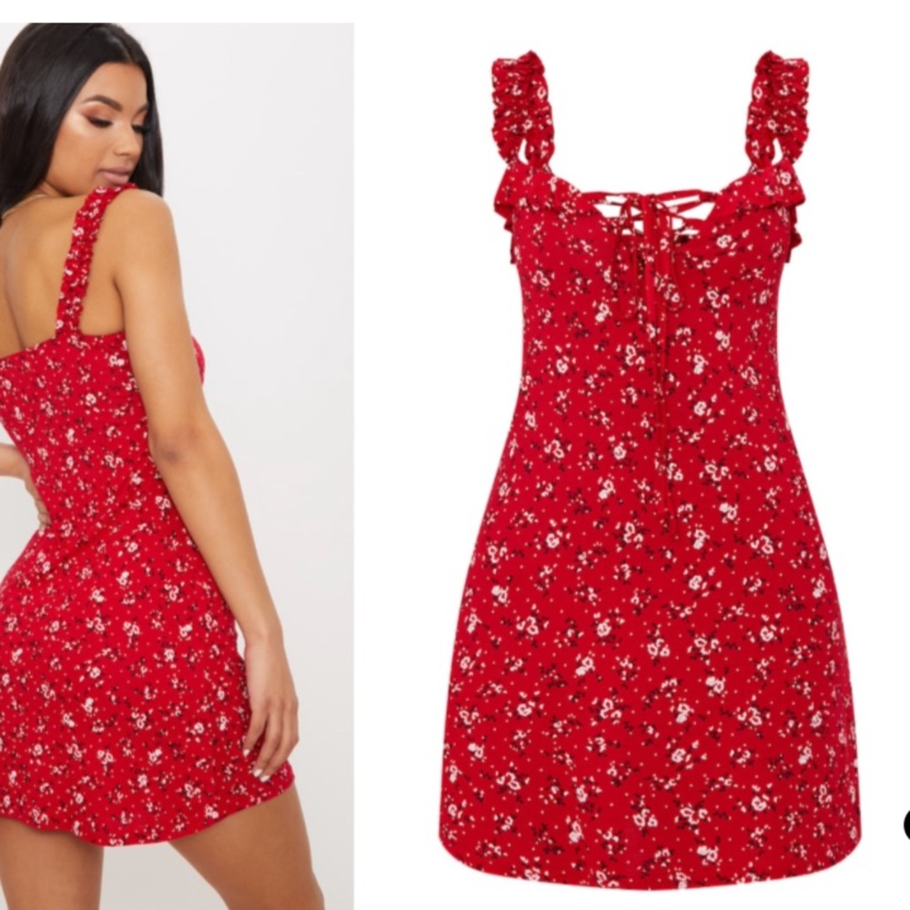 PrettyLittleThing Red Disty Frill Detail Dress